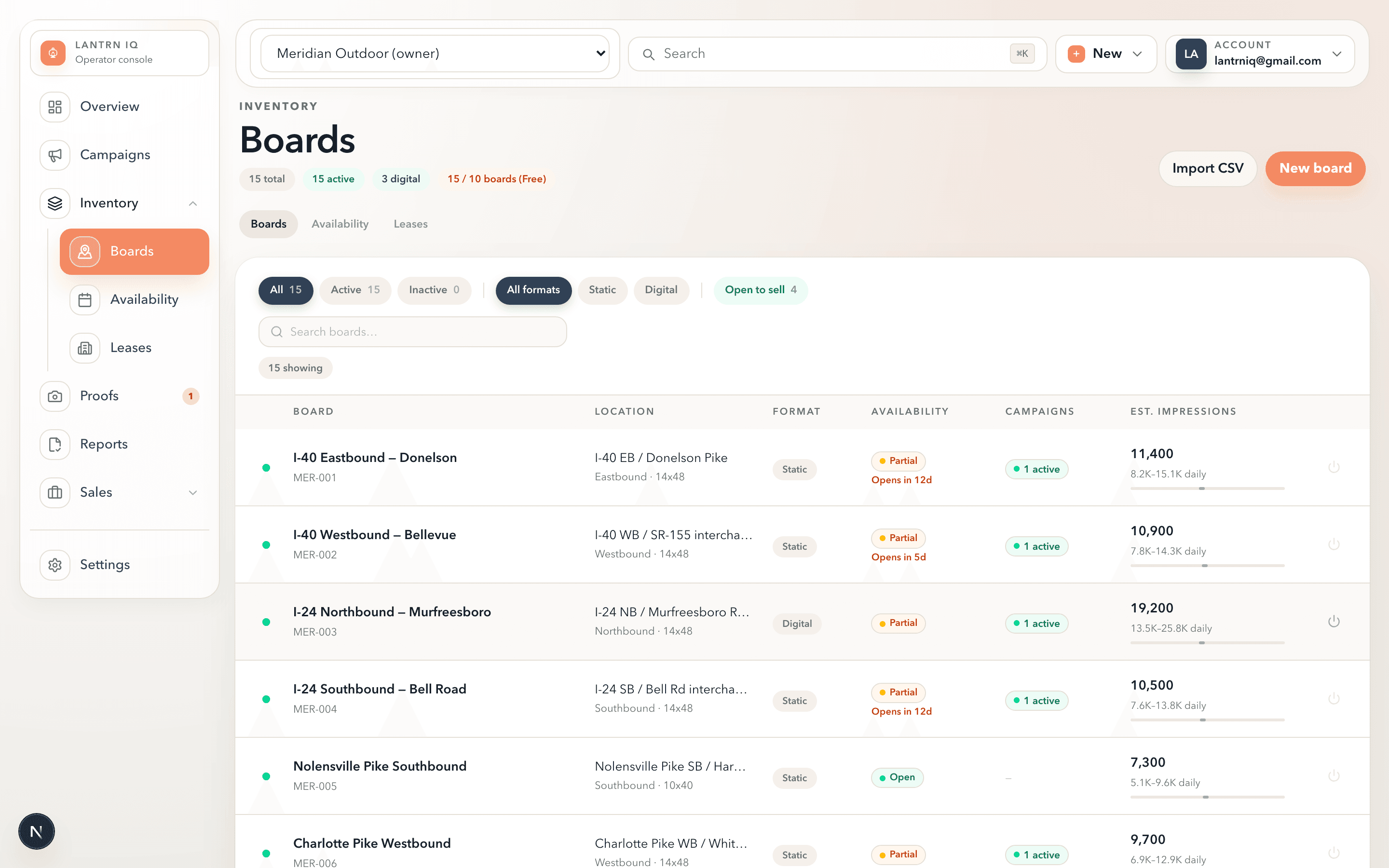 Lantrn IQ board inventory — list of billboard locations with availability, format, and impressions data